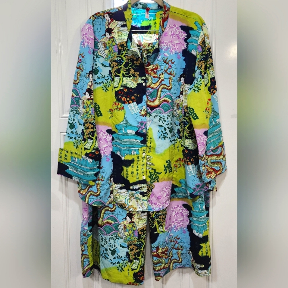 Josie Natori blue & green geisha 2pc. Pajama set women's size XL
